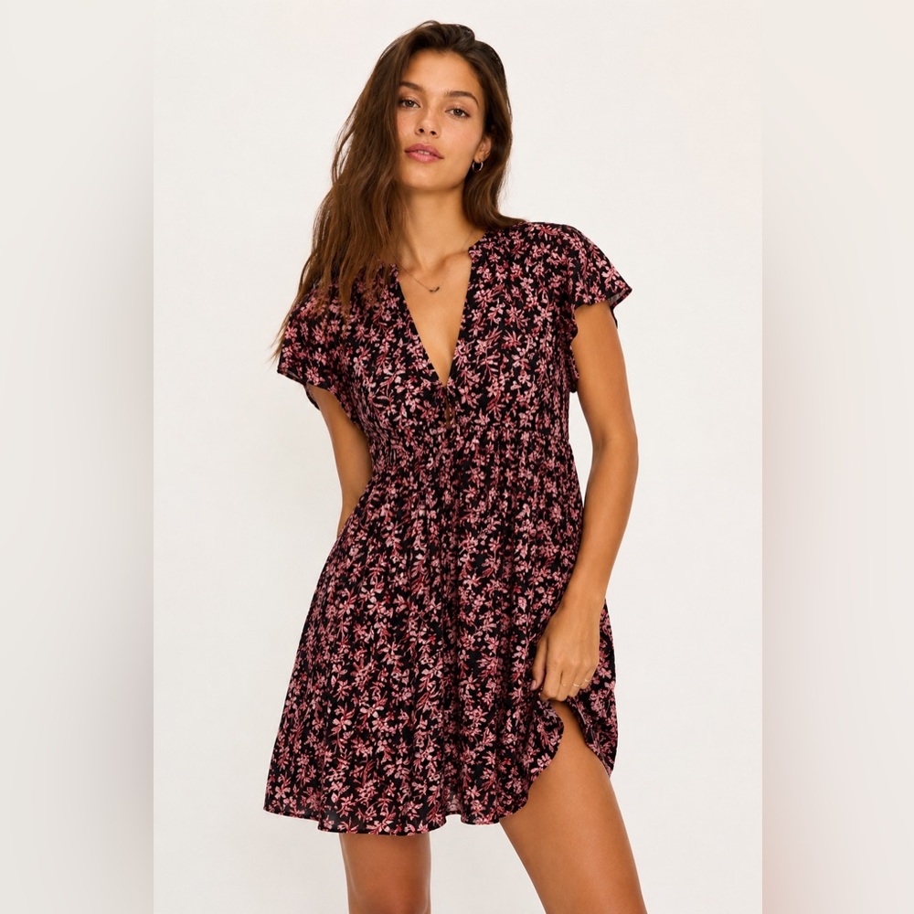 Free People Sun Up Mini Dress Red Black Floral Tinsel Tie Back Boho Size XS